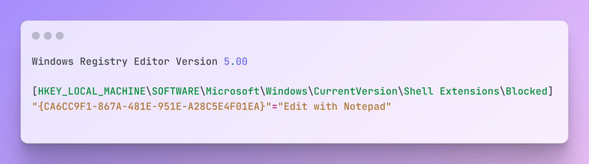 enihsyou's tweet photo. 🐛Windows11 的 IExplorerCommand+Sparse Manifests注册架构，想改下一级菜单也太难了吧🤯

举个栗子🌰：
想删除"Edit with Notepad"？
1️⃣先挖出应用的CUID（可劲搜吧）
2️⃣注册表新建Blocked项（原来没有的）
3️⃣加一行字符串值（就当注释了）
这届右键菜单是给M$工程师自己玩的吧🤦想自己加条目更是难 https://t.co/ud7R5YMDMN