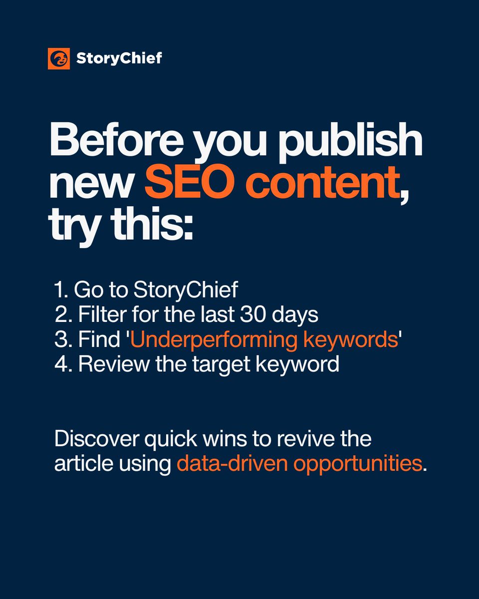 Before you publish new SEO content, try this:

1. Go to StoryChief 
2. Filter for the last 30 days
3. Find the 'Underperforming keywords' tab
4. Review the target keyword.