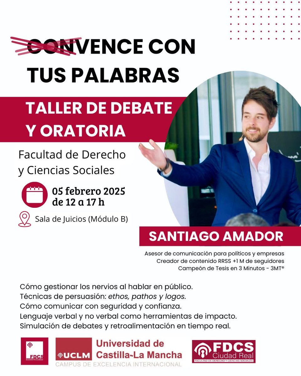 Taller de Debate y Oratoria "(Con)Vence con Tus Palabras". A cargo de <a href="/SantiagoAmadorR/">Santiago Amador Ruiz</a> en la <a href="/fdcs_cr/">Facultad de Derecho y Ciencias Sociales CR</a> y organizado por la <a href="/DelDerechoCCSS/">Delegación FDCS Ciudad Real</a>.