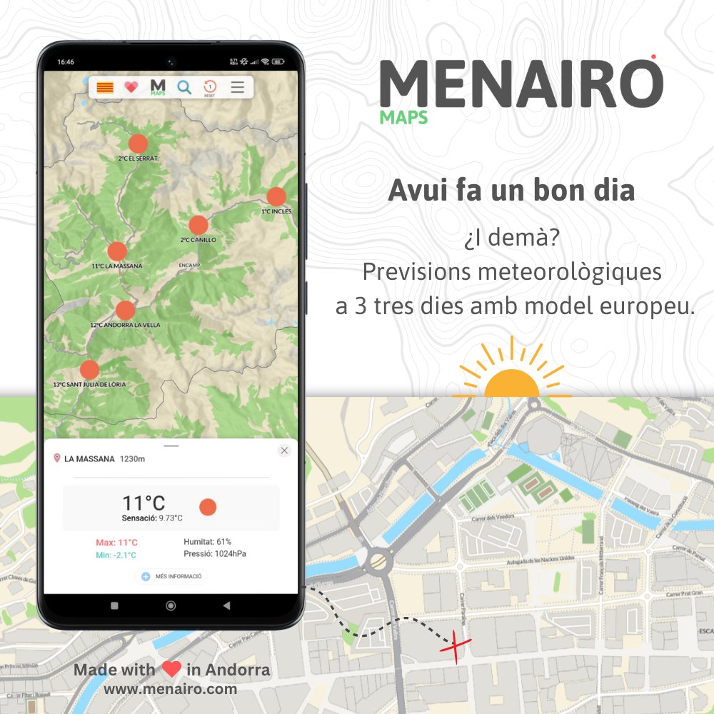 Menairomaps's tweet image. La meteo a Andorra amb Menairó Maps. Previsions a 3 dies amb model europeu. Tot Andorra en el mapa interactiu més complet que has vist mai.

Redescobreix el pais dels Pirineus.

#andorra #thisisandorra #aventura #historia #cultura #eltemps #meteo #guiavirtual #guia #natura #ski