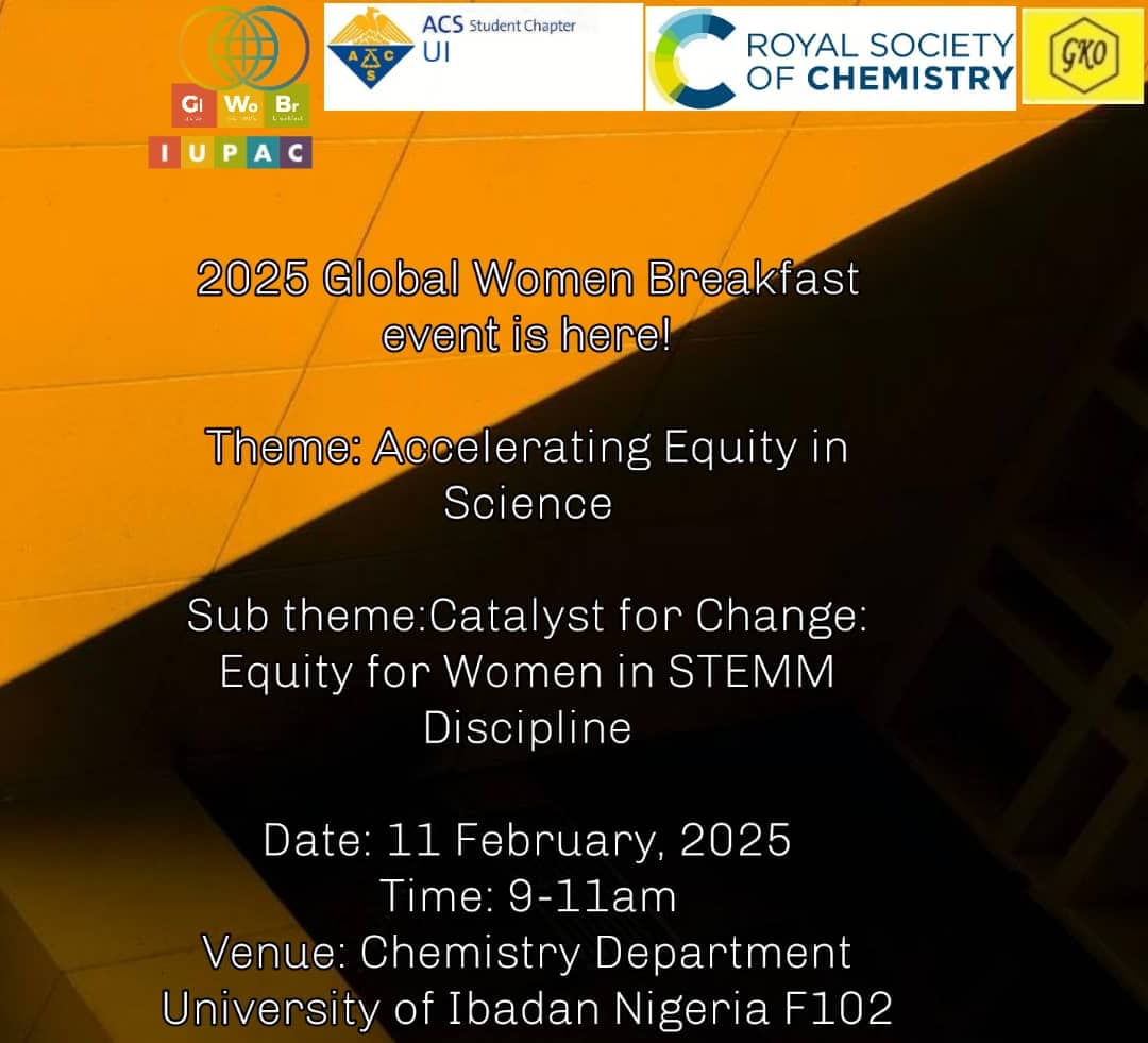 ganiyat_oloyede's tweet photo. #GWB2025 #IUPAC #IYQ #RSC #WCCINACTION, #ACSWCC #GKO
2025 Global Women Breakfast event is here!
Theme:Accelerating Equity in Science
Sub theme:Catalyst for Change: Equity for Women in STEMM Discipline
Date: 11/2/2025
Time: 9-11am
Venue: Chemistry Dept  Univ of Ibadan Nigeria F102 https://t.co/sxkOxpC6Rq