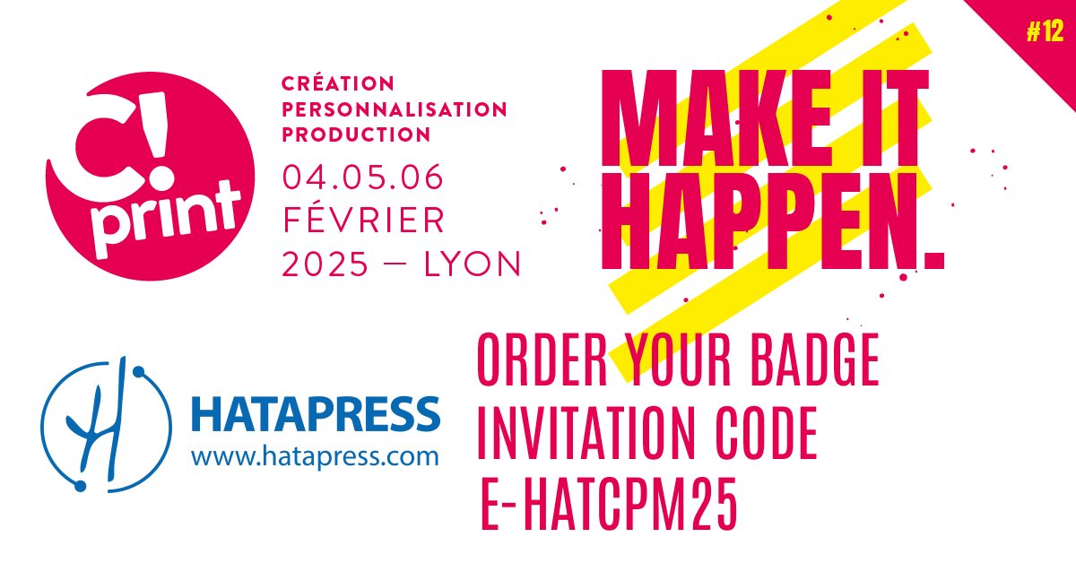 hatapressht's tweet photo. ¡Hoy comienza C!Print Lyon 2025! 
Del 4 al 6 de febrero, nos encontrarás en el Stand 2S08 en Lyon Eurexpo.
¡No te lo pierdas! Ven a conocer todo lo que podemos ofrecerte y haz crecer tu negocio.

#CPrintLyon #Hatapress #ImpresiónTextil #CorteLáser #Personalización https://t.co/inaVHR7IPg