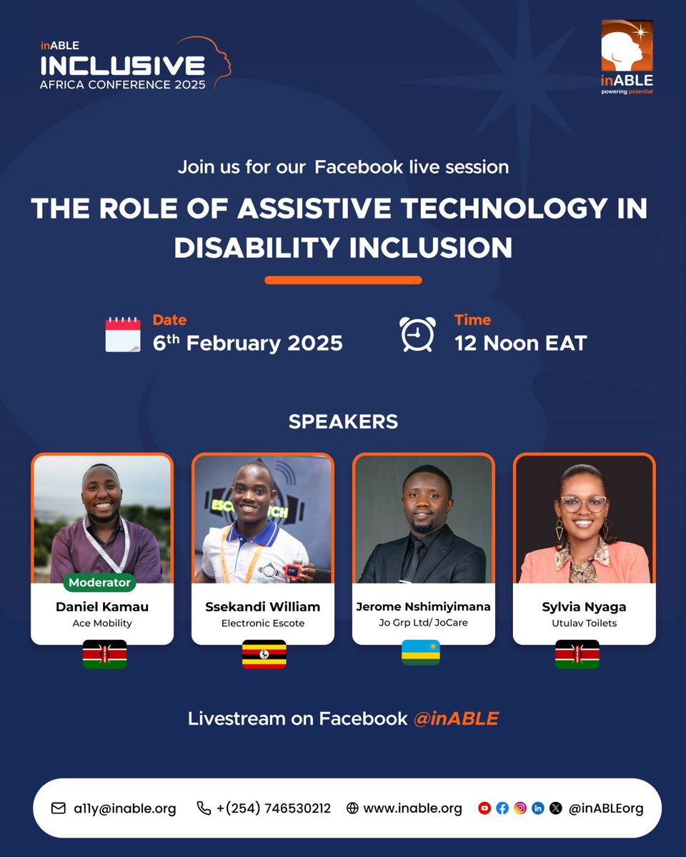 Join us for a Facebook Live session on "The Role of Assistive Technology in Disability Inclusion" on Feb 6, 2025, at 12 PM EAT via <a href="/inABLEorg/">inABLE.org</a> . Featuring experts from Kenya, Uganda, and Rwanda. Don't miss it!