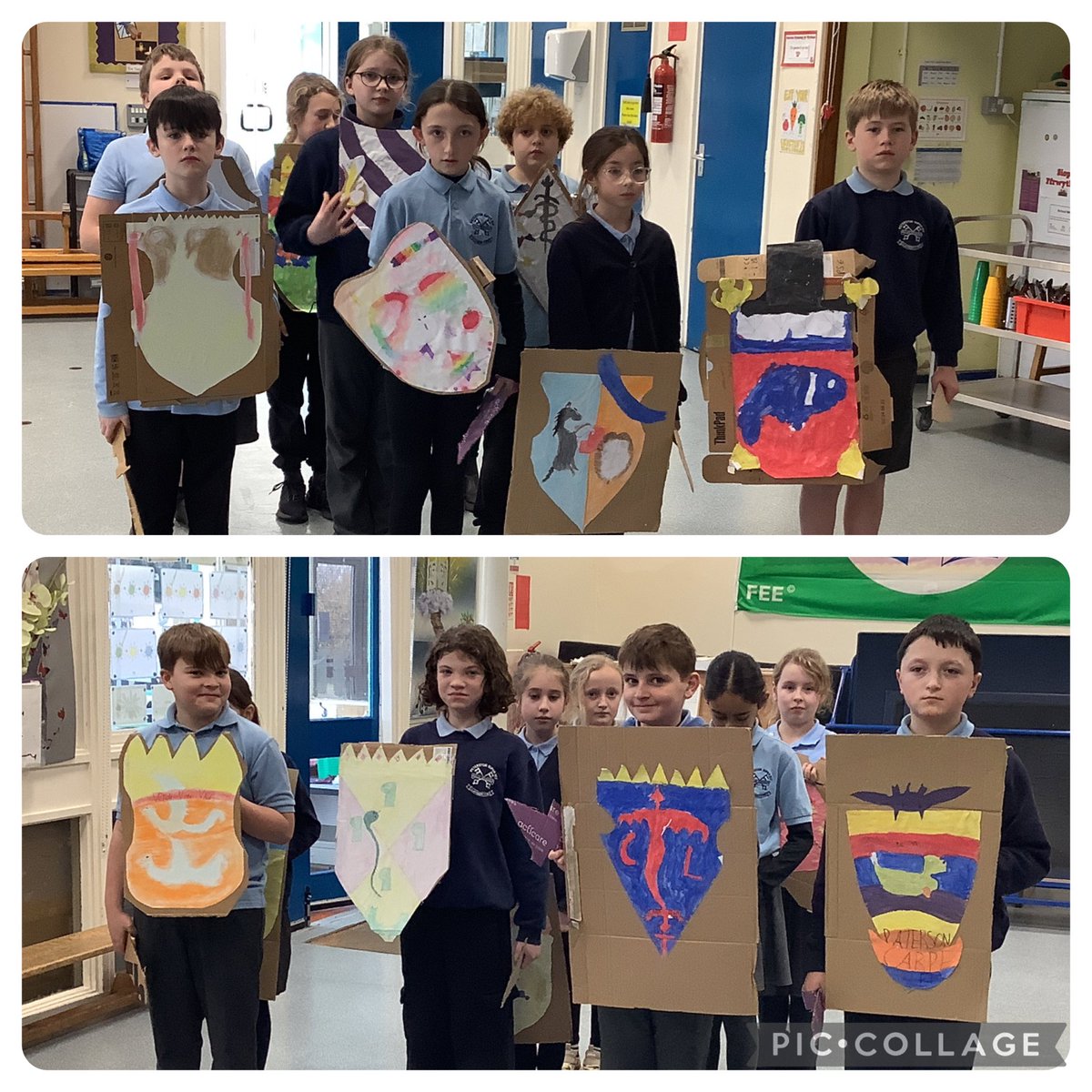 Dosbarth Elm have spent the past few weeks, designing their own coat of arms and shield! 
We then went to battle!