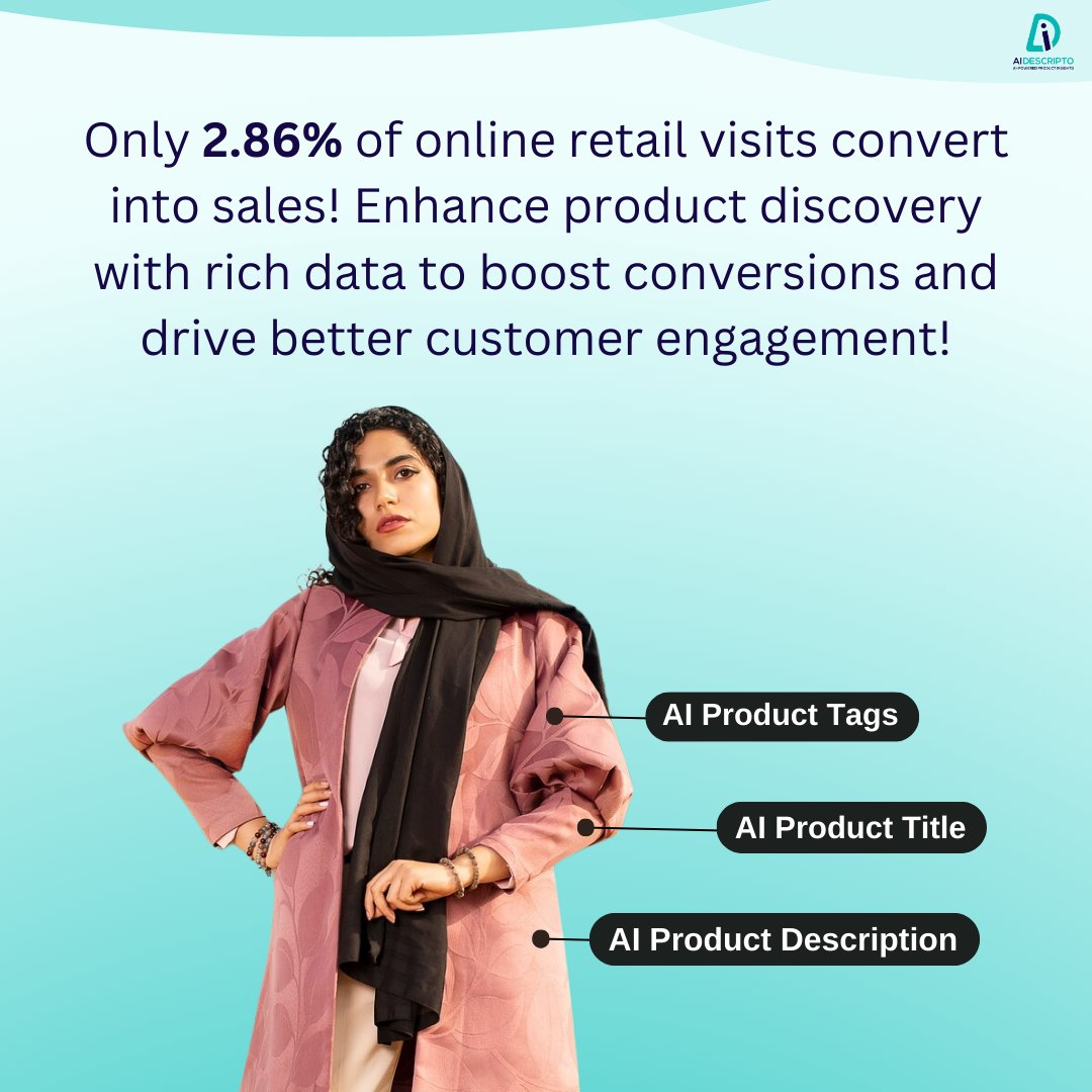 AIDescripto's tweet image. 💡 Only 2.86% of online retail visits turn into sales! What’s stopping conversions? Poor product discovery and unoptimized data.

#ecommerce #AI #Retail #products #productlisting  #Conversion #eCommerceSolutions #tags #OnlineBusiness #SaudiArabia #Saudi #Dubai