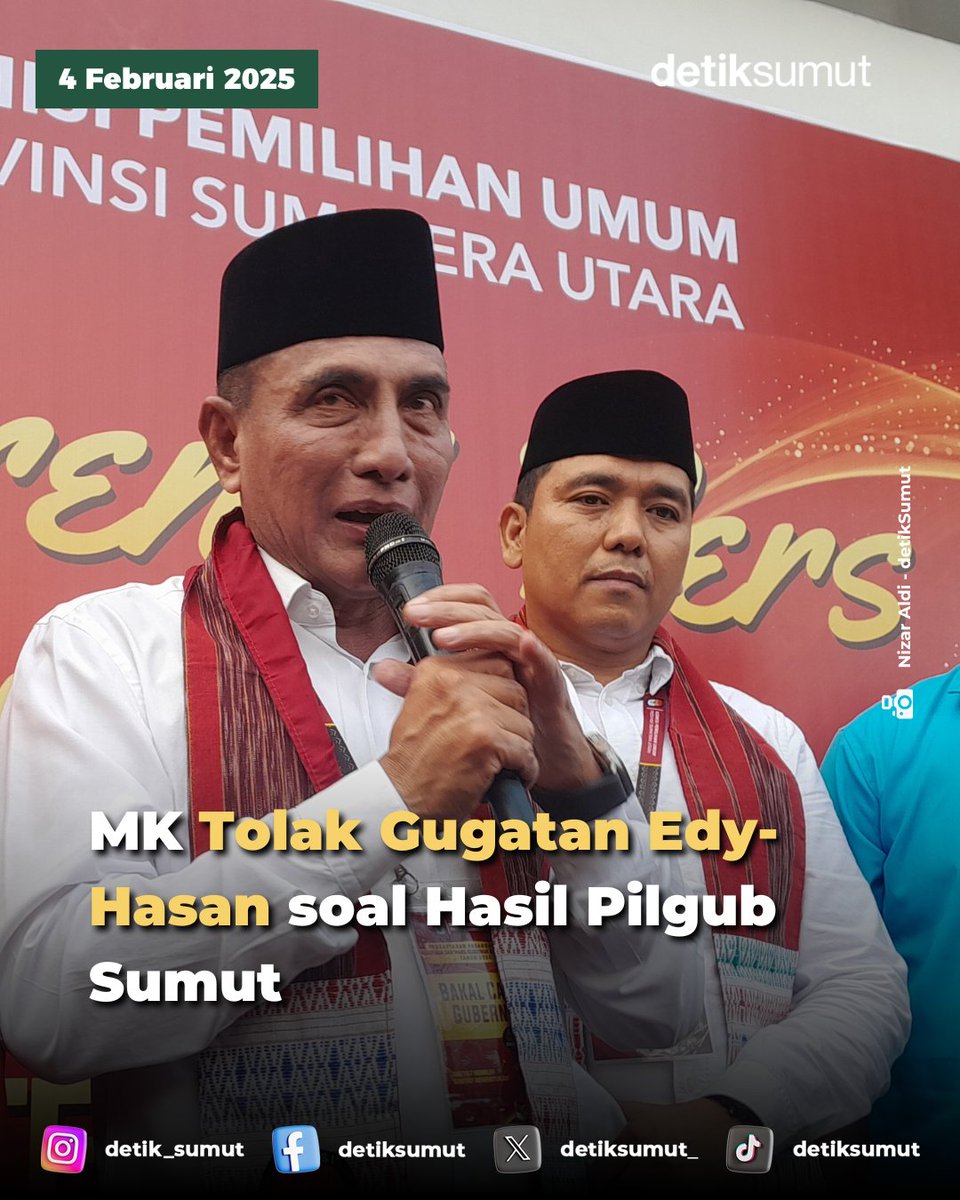 detiksumut_'s tweet photo. SEMANGAT TERUS PAK!
Mahkamah Konstitusi menolak gugatan Edy Rahmayadi-Hasan Basri terkait hasil Pilgub Sumut, menyatakan tidak ada bukti keterlibatan ASN dalam kemenangan lawan.
https://t.co/K50oGsX0q4
#PilgubSumut #EdyRahmayadi #HasanBasri #EdyHasan #MahkamahKonstitusi https://t.co/PcI3bh1xJh