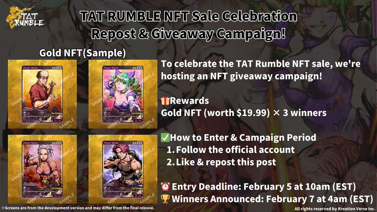 🎉TAT RUMBLE  Repost &amp; Giveaway Campaign! 🎉

To celebrate the TAT Rumble NFT sale, we're hosting an NFT giveaway campaign!

🎁 Rewards
Gold NFT (worth $19.99) × 3 winners

✅ How to Enter &amp; Campaign Period
Follow the official accounts; <a href="/tat_nftgame/">TAT Rumble : Twelve Anonymous Tournaments</a> &amp; <a href="/TATRumbleJP/">【スロットRPG】TAT Rumble：Slot RPG（公式）</a> 
Like &amp; repost