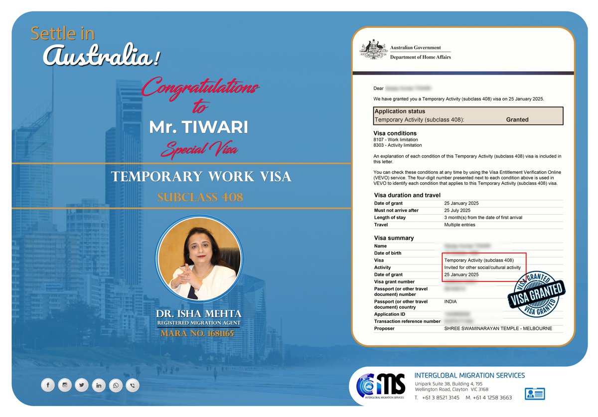 ims_migration's tweet image. 🎉🎊 Congratulations, Mr. Tiwari! 🇦🇺

We are delighted to share that Mr. Tiwari from India has successfully been granted the Special Work Visa (Subclass 408)✅

📞 +61 (3) 8521 3145
🌐 imsmigration.com.au
📧 imsmigration@bigpond.com

#AustraliaVisa #WorkVisa #Subclass408