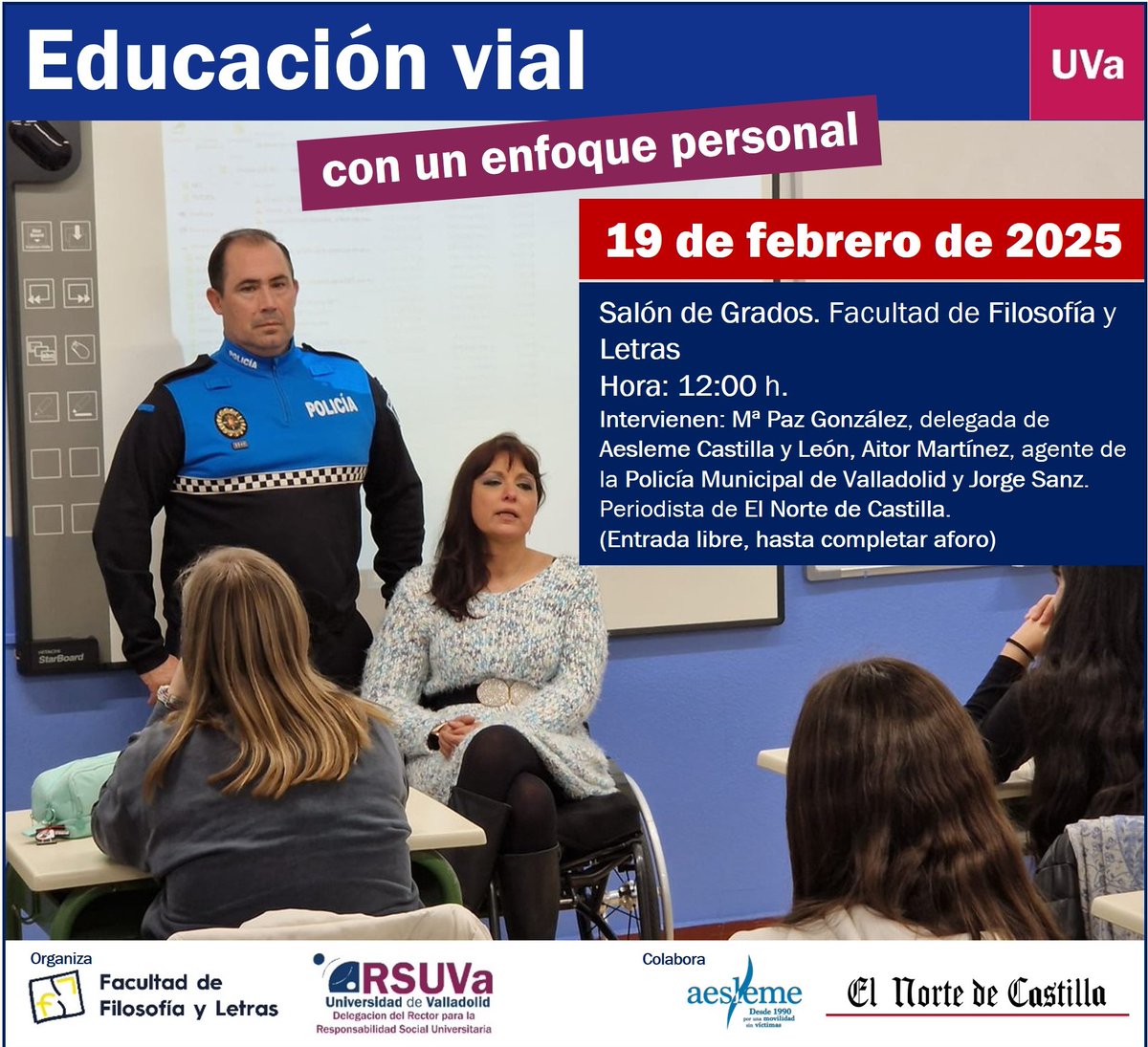 El 19/02/2025, 12:00 h, Salón de grados de Fª y Letras @fyl_uva Sesión sobre educación vial y medios de comunicación con Mª Paz González <a href="/MARIAPAZGO7773/">MARY PAZ AESLEME CYL</a> de <a href="/AESLEMEONLINE/">AESLEME</a> CyL, Aitor Martínez, agente de <a href="/PoliciaVALL/">Policia Valladolid</a>  y Jorge Sanz, periodista @elnortedecastilla ¡Te esperamos! 🕛🔊