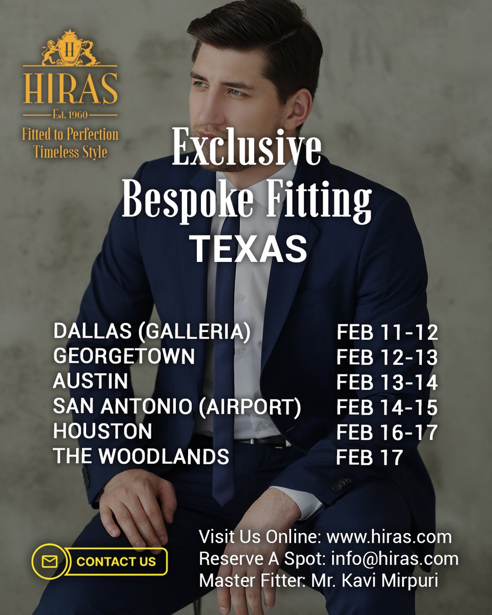 HirasFashion's tweet image. Celebrate individuality, quality craftsmanship, and the confidence that comes with wearing something truly made for you. Join us in Texas and get a chance to customize your wardrobe. Email at info@hiras.com to schedule an appointment. #hirasbespoke #trunkshow #getstyled #texas