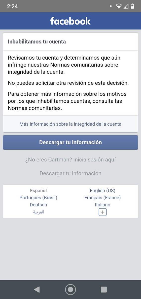 IvannMyers's tweet photo. @Meta Otra vez está mismos mierda, 7 días de que me había hecho la cuenta y me la suspenden, dejaré de usar facebook y diré a todos mis conocidos que den mala calificación y no la usen #facebookOff https://t.co/JCC579OJ51