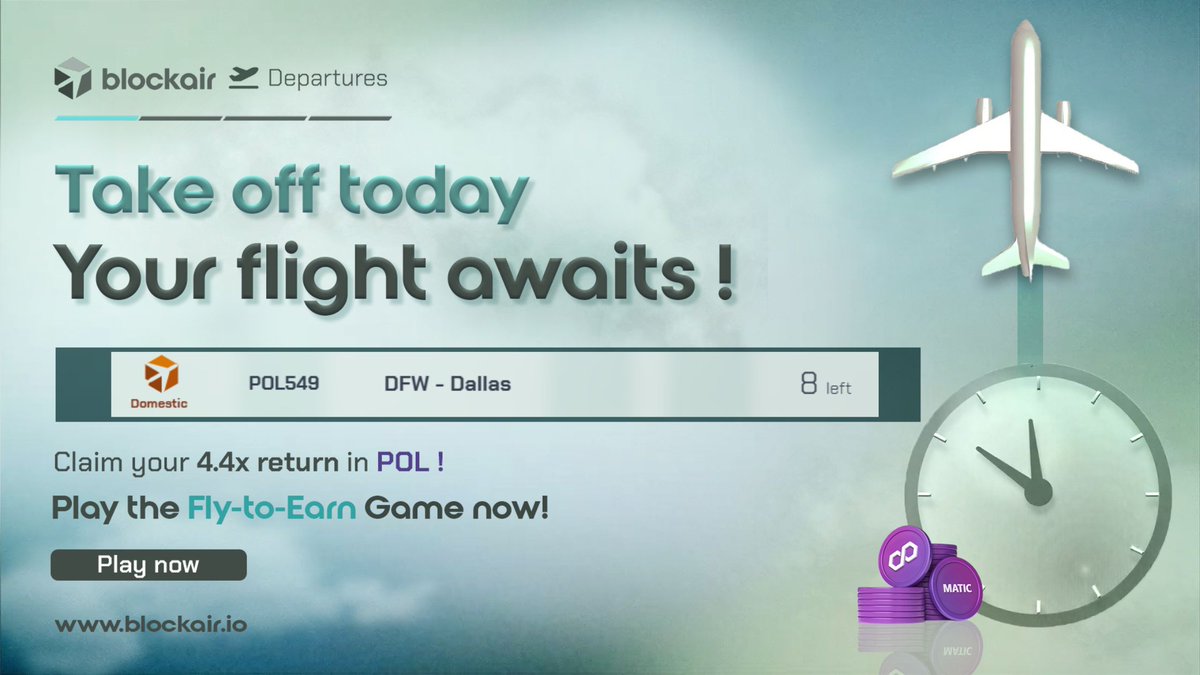 Blockair_P2E's tweet photo. 🚨Flight Awaits!🚨

✈️ 8 seats left on @BlockAirGame Flight POL549 from Los Angeles to Dallas.

🚀 Mint your Passport NFT &amp; Play the Fly-to-Earn Game to claim your 4.4X returns in POL https://t.co/ekX4WU4arm

#GameFi #DeFi #Polygon #FlyToEarn #NFTGaming #P2E #Web3Gaming #Crypto https://t.co/zY6nEY1ui3