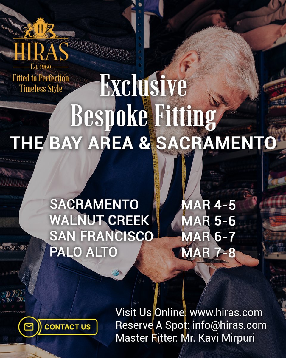 HirasFashion's tweet image. Transform your look with the power of bespoke clothing. Join us next month as we head back to the Bay Area and Sacramento for fittings. Email us at info@hiras.com to schedule an appointment. #hirasbespoke #trunkshow #getstyled #personalstyle #bayarea #sacramento