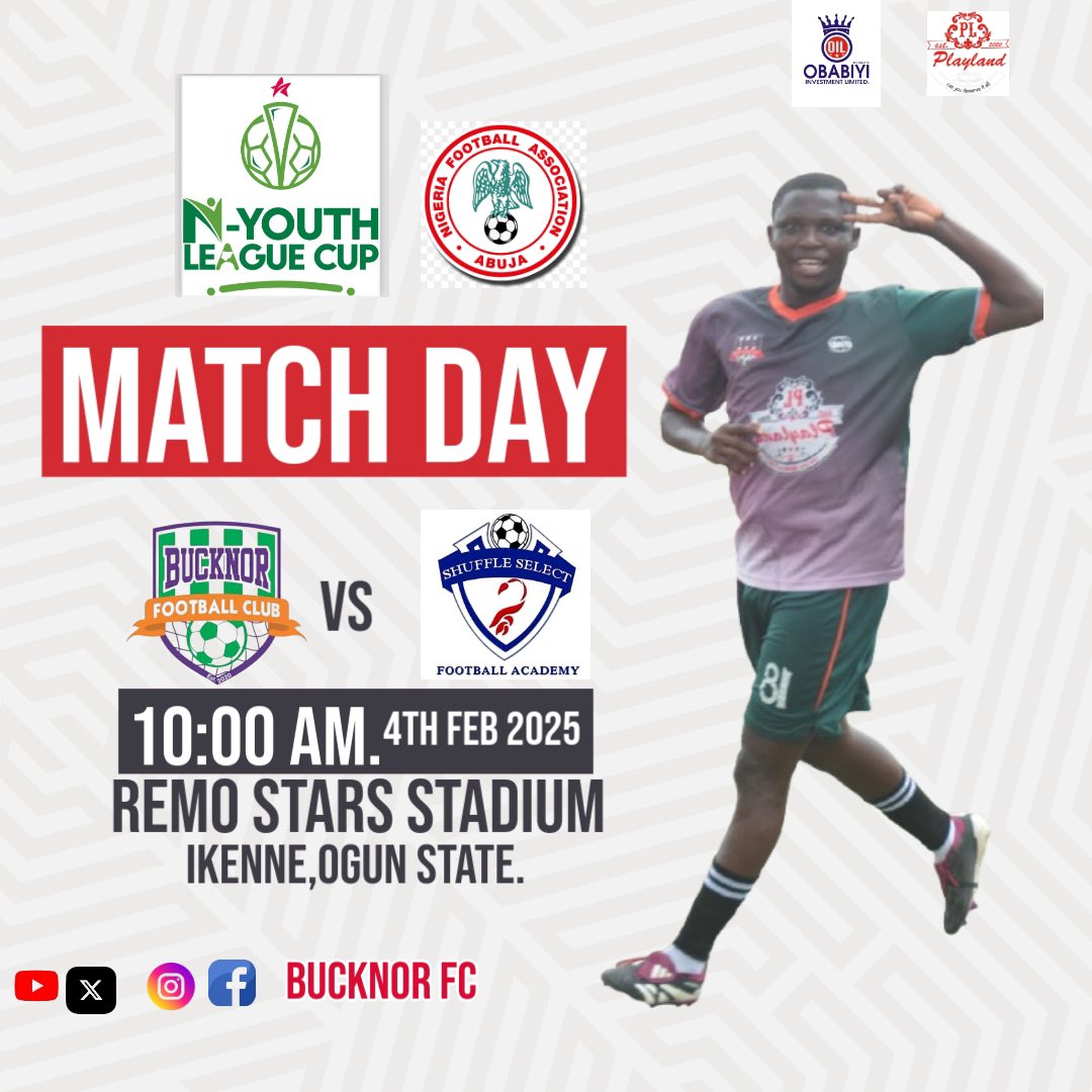 BUCKNOR FOOTBALL CLUB (@bucknorfc) on Twitter photo We resume back in the <a href="/n_ylcup/">Nigeria Youth League Cup</a> with an home game against <a href="/shuffleselect/">Shuffle_Select</a>
#Bucknorfc
#nyouthleague We resume back in the <a href="/n_ylcup/">Nigeria Youth League Cup</a> with an home game against <a href="/shuffleselect/">Shuffle_Select</a>
#Bucknorfc
#nyouthleague