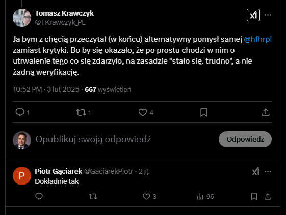 Marcin Wolny (@wolny_m) on Twitter photo Od 8 miesięcy na stronie HFPC dostępne są założenia: hfhr.pl/aktualnosci/pr… Wcześniej znane stowarzyszeniu sędziów Iustitia (proszę pytać zarząd). Całkiem zabawne, że są to rozwiązania dużo bardziej radykalne od tego co proponuje Komisja Kodyf. <a href="/TKrawczyk_PL/">Tomasz Krawczyk</a> <a href="/GaciarekPiotr/">Piotr Gąciarek</a> Od 8 miesięcy na stronie HFPC dostępne są założenia: hfhr.pl/aktualnosci/pr… Wcześniej znane stowarzyszeniu sędziów Iustitia (proszę pytać zarząd). Całkiem zabawne, że są to rozwiązania dużo bardziej radykalne od tego co proponuje Komisja Kodyf. <a href="/TKrawczyk_PL/">Tomasz Krawczyk</a> <a href="/GaciarekPiotr/">Piotr Gąciarek</a>