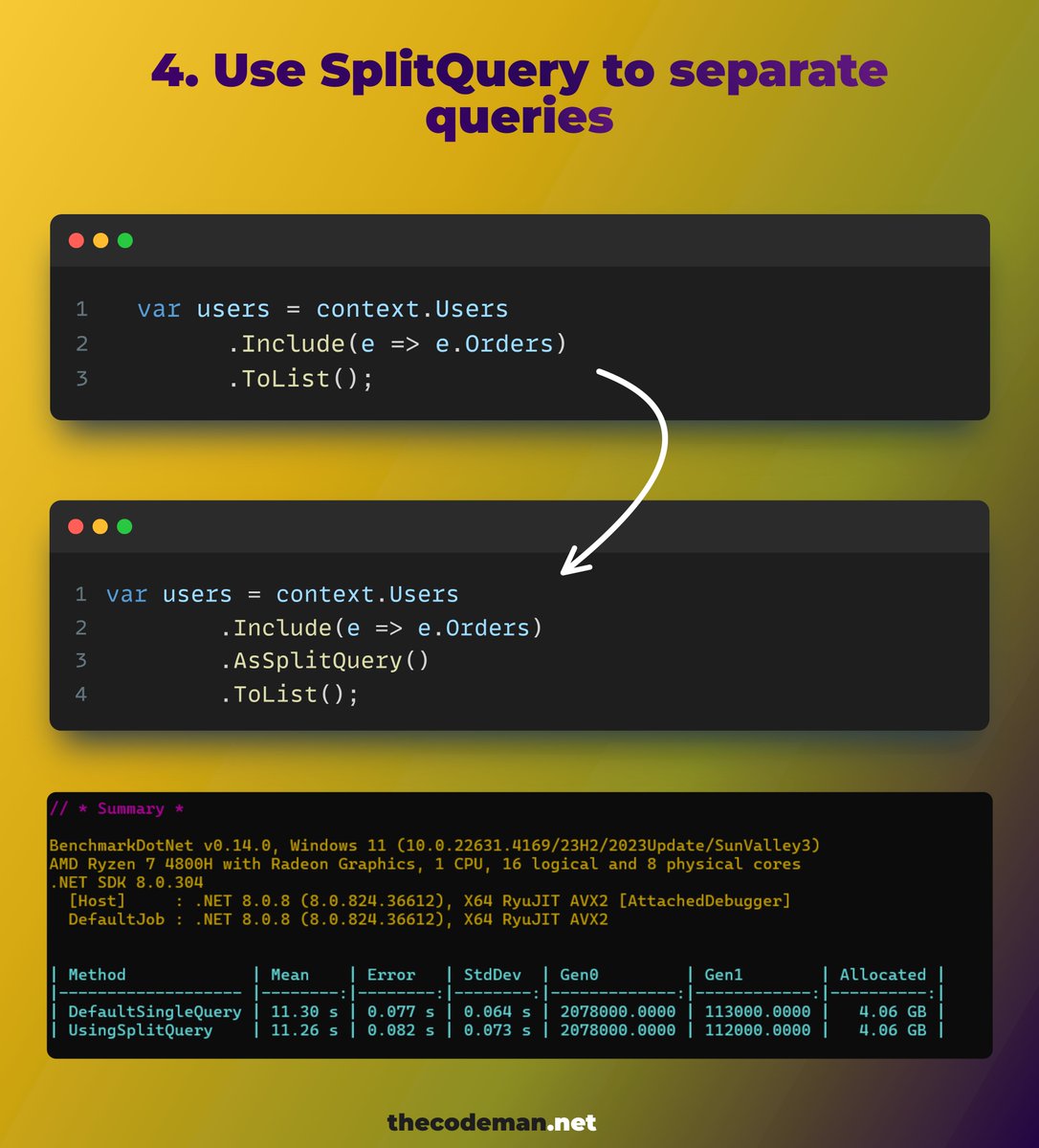 TheCodeMan__'s tweet photo. You're a beginner and you are writing EF code. 

How to improve performance? Here are 4 tips ⬇️ 

1. Avoid query operations in loops

To avoid performing query operations in a loop, you can cache the query results in memory and then operate on the data in memory, which can improve performance.

2. Select only important columns

Instead of loading entire entities, you select only the columns you need. You can achieve this using anonymous types or a DTO (Data Transfer Object).
 
You only load the columns you need, reducing memory and bandwidth usage.

3. Use the NoTracking method

When AsNoTracking is used, Entity Framework doesn’t track changes to the retrieved entities, which reduces overhead and increases performance, especially for read-only data.

4. Use SplitQuery to separate queries

The SplitQuery option allows EF to execute separate queries for the main entity and its related entities, reducing the impact of large joins.
 
Using AsSplitQuery can increase performance and reduce complexity in such scenarios.
 
However, it also means multiple queries will be executed, so be sure to monitor the impact on database load.

Read more: https://t.co/8j41JDzqub

#dotnet