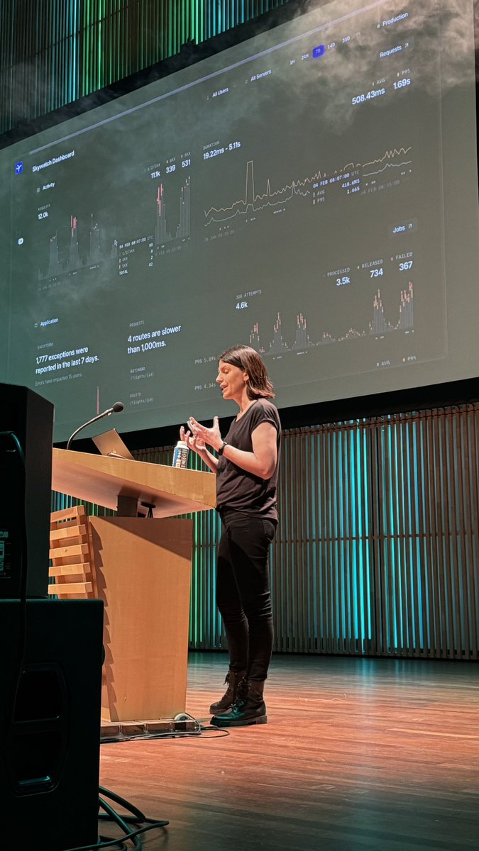 After Laravel Cloud, are you ready for Nightwatch? <a href="/jessarchercodes/">Jess Archer</a> on stage! 🦉