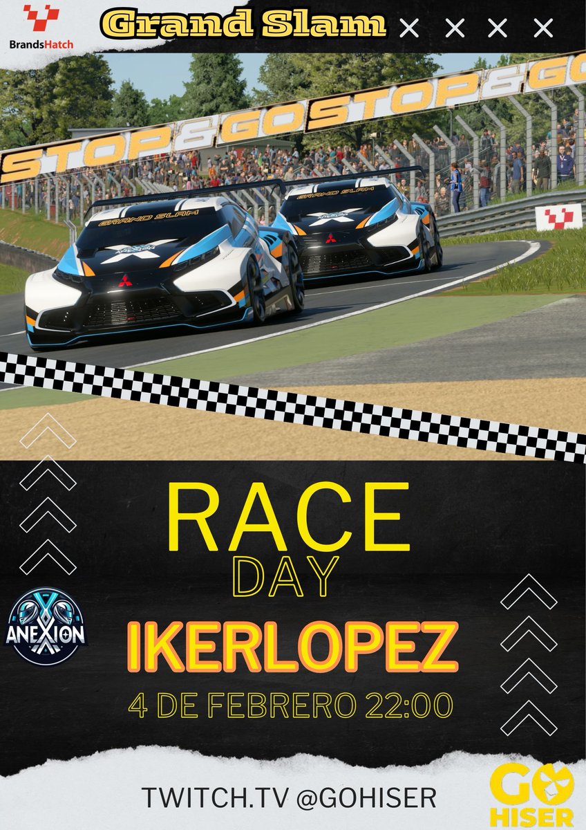 ✖️RACE DAY✖️

GRAND SLAM de <a href="/StopGoSimu/">Stop&Go Simulación</a>

Nos vamos a Brands Hatch para disputar la cuarta jornada del campeonato. Hoy debuta con los nuevos colores <a href="/xburnx2109/">AXN_IkerLopez</a> a los mandos del Mitsubishi.

A las 22:00 en <a href="/GoHiSer/">G🐣HISER</a>

Suerte compañero! Somos AneXioN!