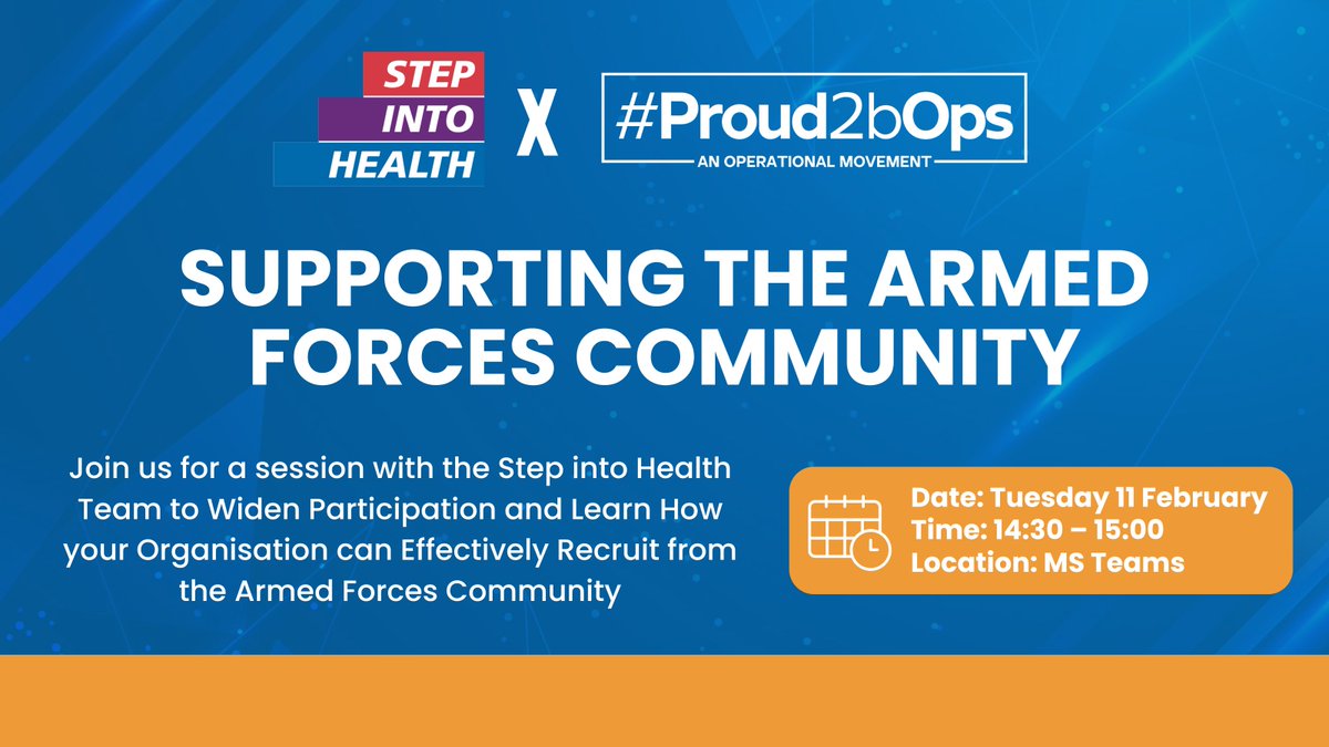 Proud2bOps's tweet image. 📢 Join us for a #StepIntoHealth session!

Learn how to recruit from the Armed Forces community &amp;amp; build a skilled workforce.

📅 11 Feb | ⏰ 14:30 | 📍 MS Teams
🔗 Don’t miss out! #NHS #ForcesFriendly #InclusiveRecruitment