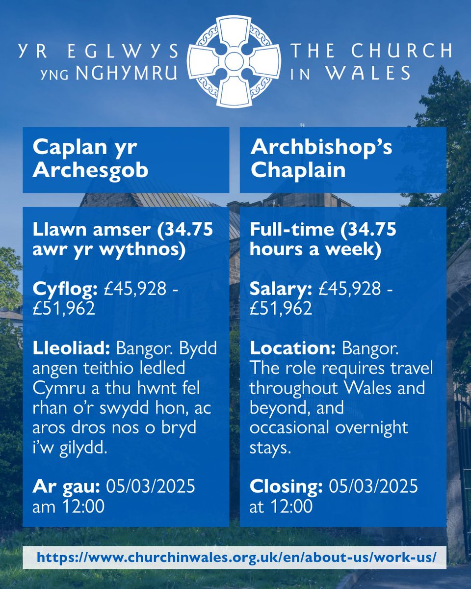 Join us as the Archbishop’s Chaplain! This is a full-time role based in Bangor. Salary: £45,928-£51,962
Ymunwch â ni fel Caplan yr Archesgob! Mae hon yn rôl llawn-amser wedi'i lleoli mewn Bangor. Cyflog: £45,928-£51,962
churchinwales.org.uk/en/about-us/wo…
#ChurchInWales #JobAdvert #Chaplain
