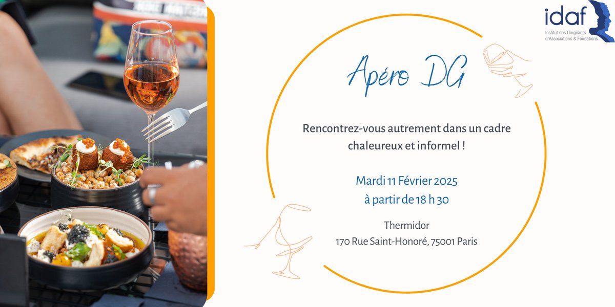 🥂 DG d’associations et fondations, et si on prenait le temps d’échanger autour d’un verre ? ✨

📅 Mardi 11 février 2025
🕡 À partir de 18 h 30
📍 Thermidor, 170 Rue Saint-Honoré 75001 Paris

👉 Pour en savoir plus : bit.ly/4h7qafB

#IDAF #Asso #Association #Fondation