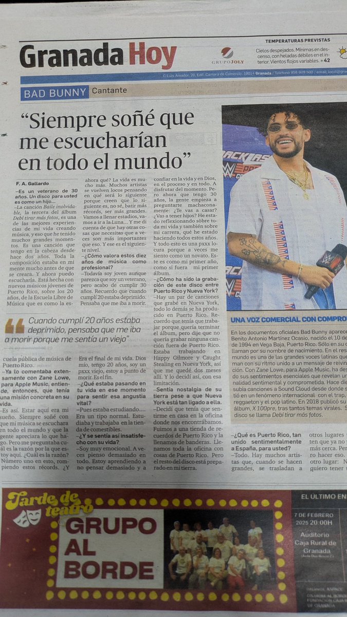 miguelnavasp's tweet photo. Bad Bunny en la contra de un periódico local como @granadahoy. ¿Qué otras sorpresas nos deparará 2025? https://t.co/0yCv8Qu3si