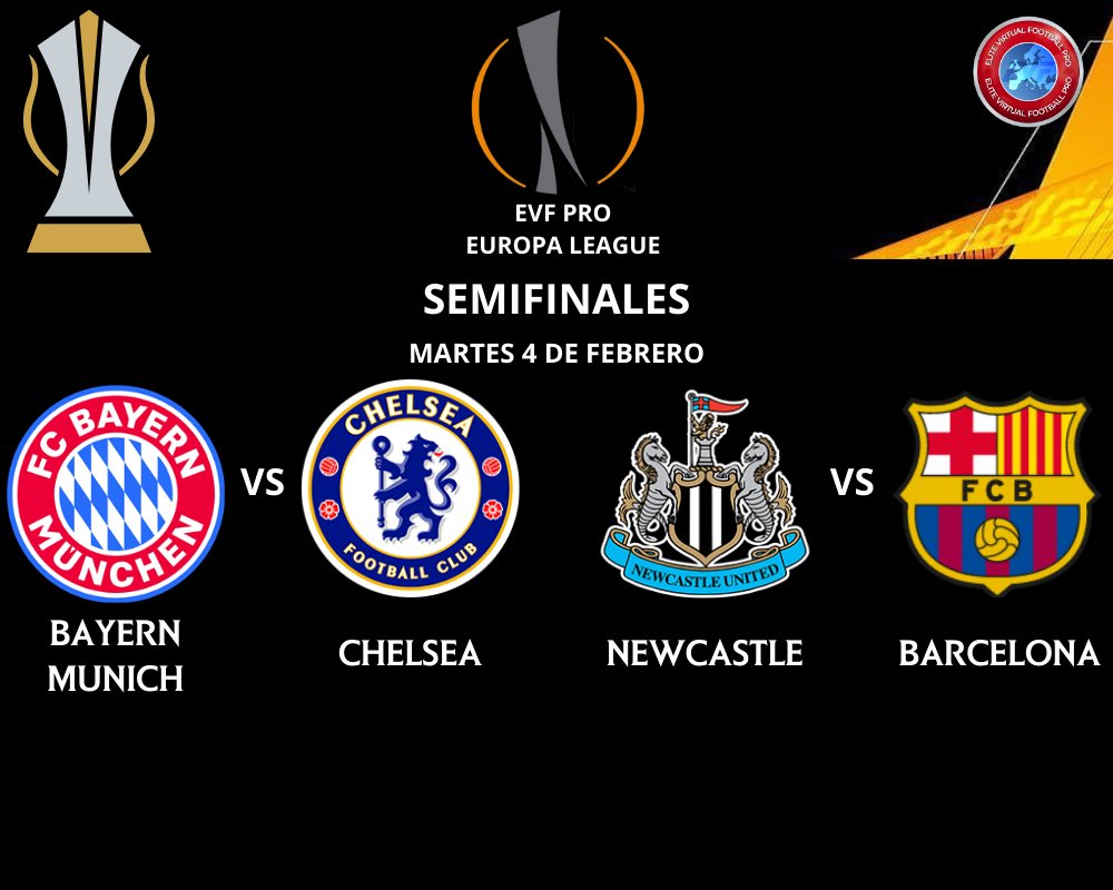 EUROPA LEAGUE
SEMIFINALES
EVF PRO
⏰00 a 01

<a href="/EvfBayern/">EVF BAYERN</a> 🆚 <a href="/EVFChelseaFC/">EVF Chelsea FC</a>
@evfnewcastle 🆚 @EVFBarcelona