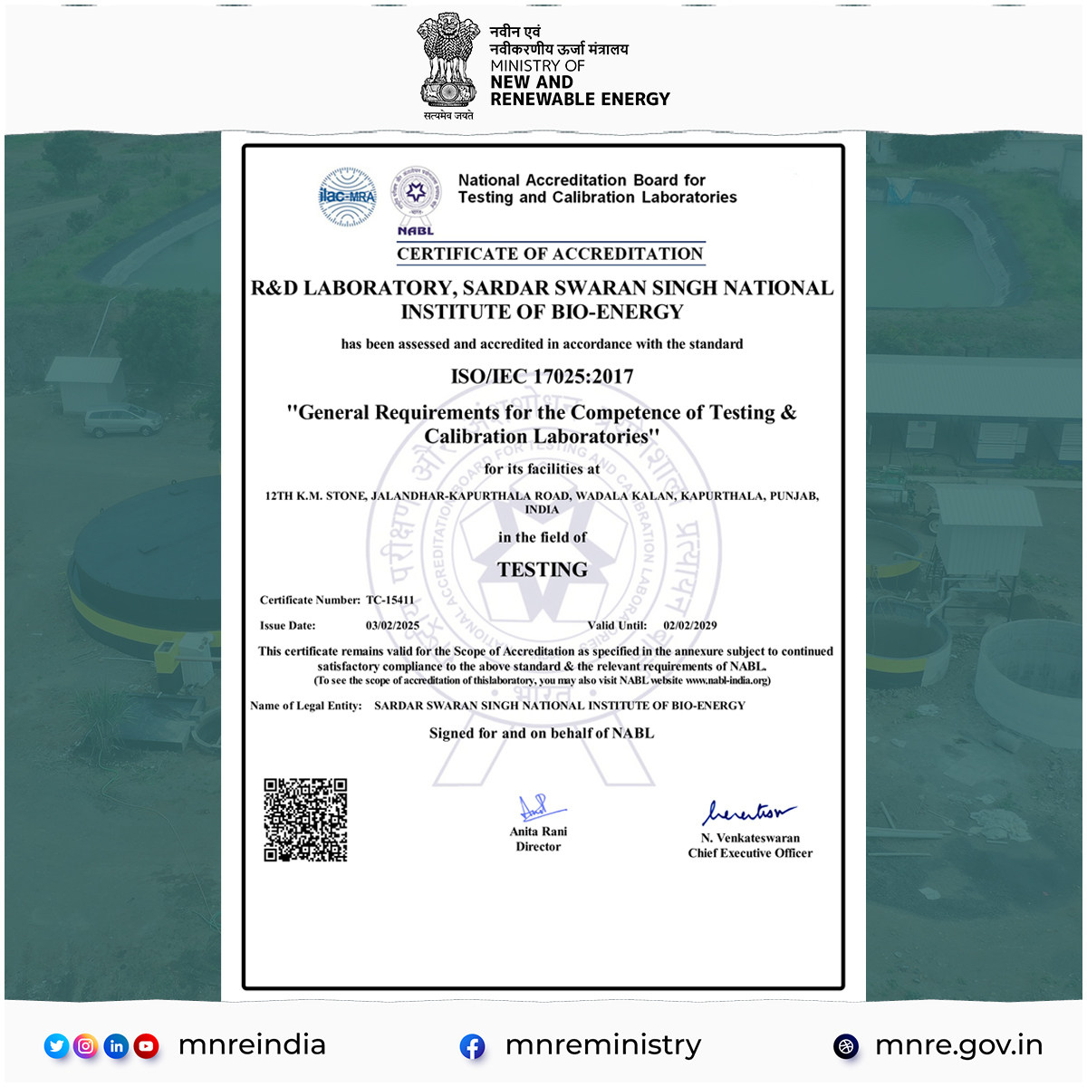 Big news!!! 🚨

We’re proud to announce that SSS NIBE has earned NABL accreditation for Testing in accordance with ISO/IEC 17025:2017! 🌟

R&amp;D laboratory of NIBE is now officially accredited for biogas/bioCNG and biomass testing (proximate &amp; ultimate analysis). A major milestone