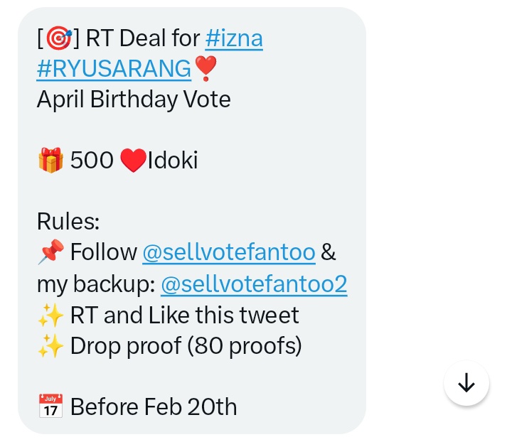 [🎯] RT Deal for #RYUSARANG April Birthday Vote

🎁500 ❤️idoki

Rules:
📌Follow <a href="/sellvotefantoo/">SELL VOTE KPOP</a> &amp; my backup <a href="/sellvotefantoo2/">Sell Vote Kpop</a>
✨ RT and Like this tweet
✨ Drop proof (80 proofs) 

📅 Before feb 20th