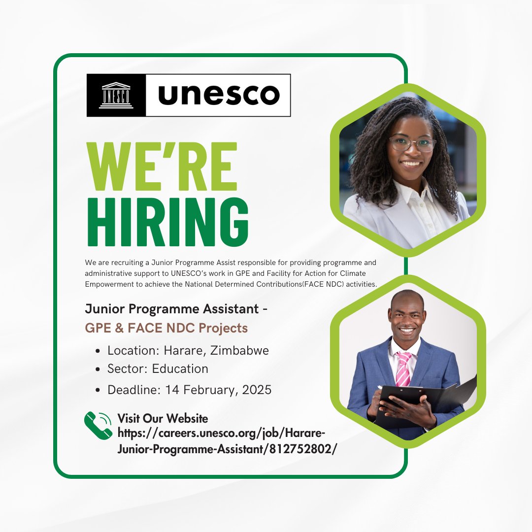 Interested in joining our Harare Office? 

We are recruiting 2 Programme Assistants in the Education sector to provide programme and administration support to key projects in southern Africa.

Visit careers.unesco.org/job/Harare-Jun… and careers.unesco.org/job/Harare-Jun… to learn more and apply!
