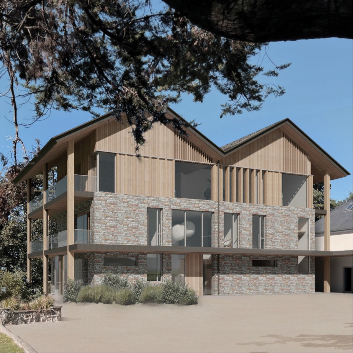 LoynCo's tweet photo. Permission granted for this replacement dwelling in an Area of Outstanding Natural Beauty. The three-storey timber and stone house was designed following the principles of Feng Shui, showcasing amazing views whilst sitting discretely within the landscape. https://t.co/UNQF0AmfZi