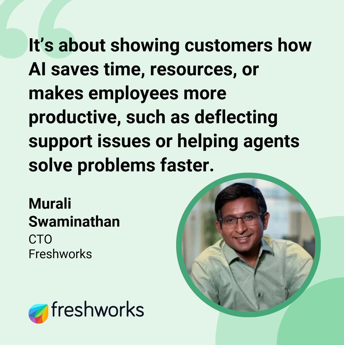 FreshworksInc's tweet photo. AI has moved beyond the hype and is delivering tangible value to businesses. 

In a recent interview with @YourStoryCo our CTO, Murali Swaminathan, highlights how Freshworks' Freddy AI is proving to be a game changer, enhancing both CX and EX. https://t.co/OihtnUFimw https://t.co/zocEhbMpu9