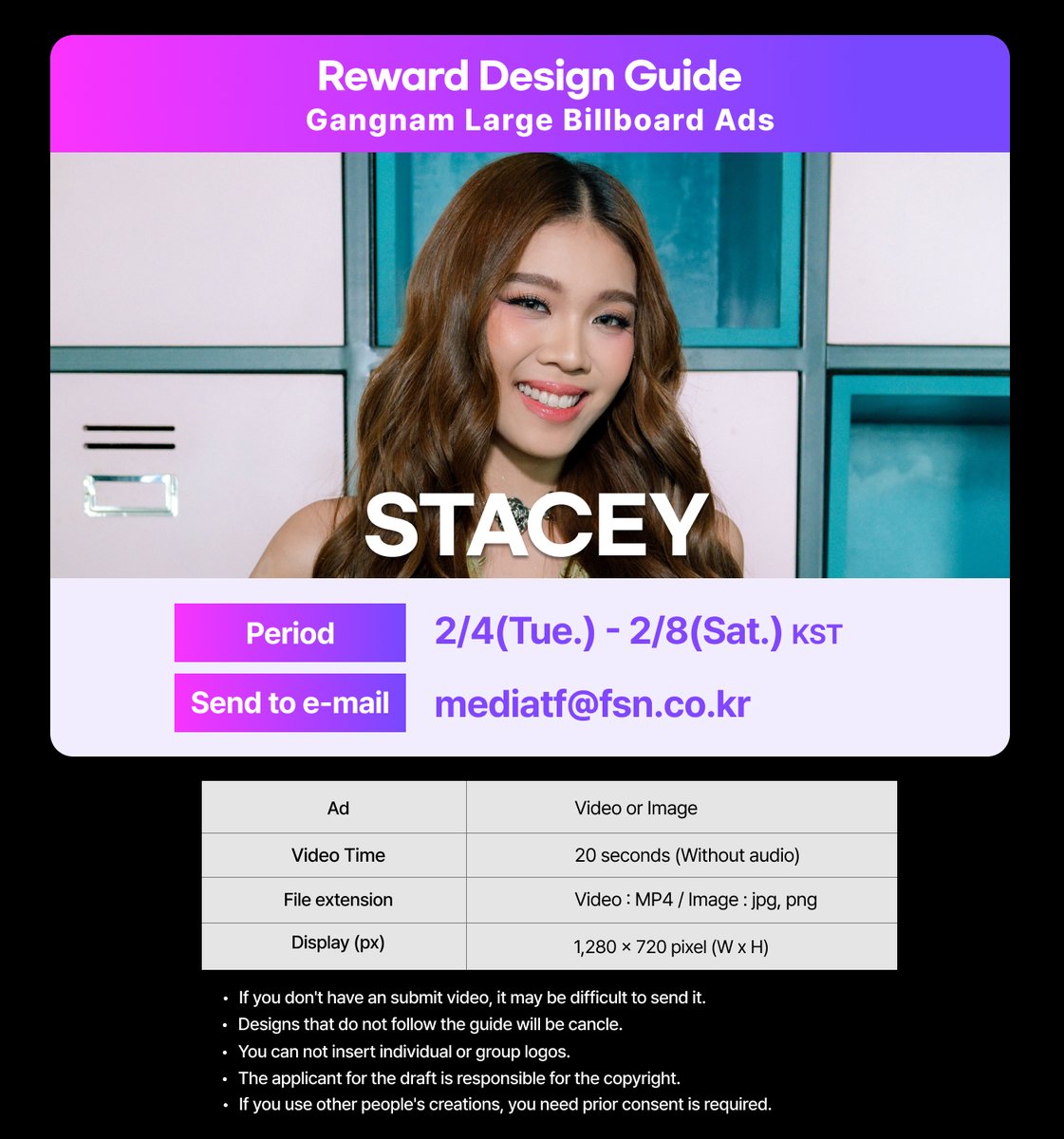 twt_my1pick's tweet image. my1pick January Monthly chart GLOBAL No. #1🏆
📢my1pick Reward Notice #STACEY

Our greatest pride💖
Let’s boast about it even louder!

🎁Gangnam Large Billboard AD
  
📌 e-mail : mediatf@fsn.co.kr
📌 Design submit period : 2/4(Tue.) - 2/8(Sat.) KST
📌 AD Period : 2/20(Thu.) -…