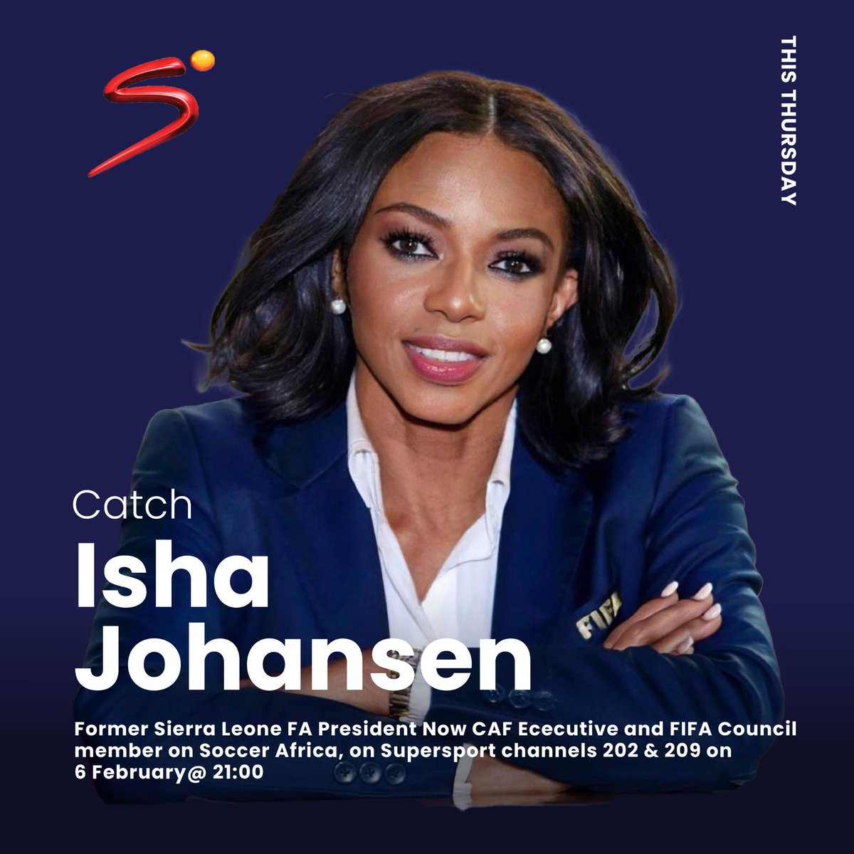 Make a date to listen to former Sierra Leone Football Association President, current CAF executive and FIFA Council@member Isha Johansen who will be our special guest on Soccer Africa on SuperSport channels 202 &amp; 209 at 21:00 to hear her remarkable story in the beautiful game