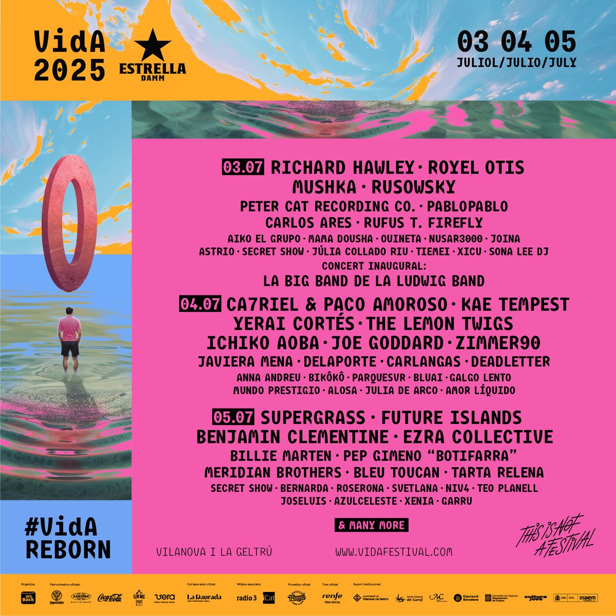 ✨ El VIDA 2025 ja té el cartell tancat! ✨

Amb la incorporació de Kae Tempest, juntament amb els ja confirmats CA7RIEL &amp; Paco Amoroso, i el concert inaugural a càrrec de La Big Band de Ludwig Band &amp; Teo Planell, tanquem la programació principal del festival.