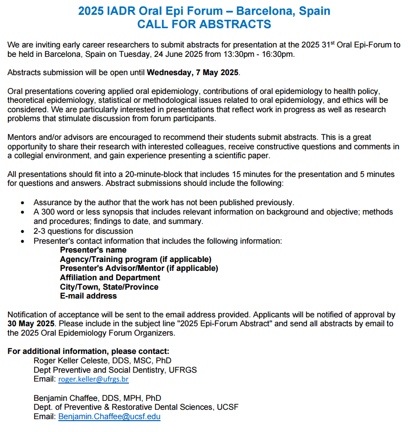 Are you planning to attend the <a href="/IADR/">IADR</a> General Session in Barcelona?
<a href="/BEHSRofIADR/">BEHSR</a>  - Behavioral, Epidemiologic and Health Services Research Group has opened the call for young researchers to send their work.