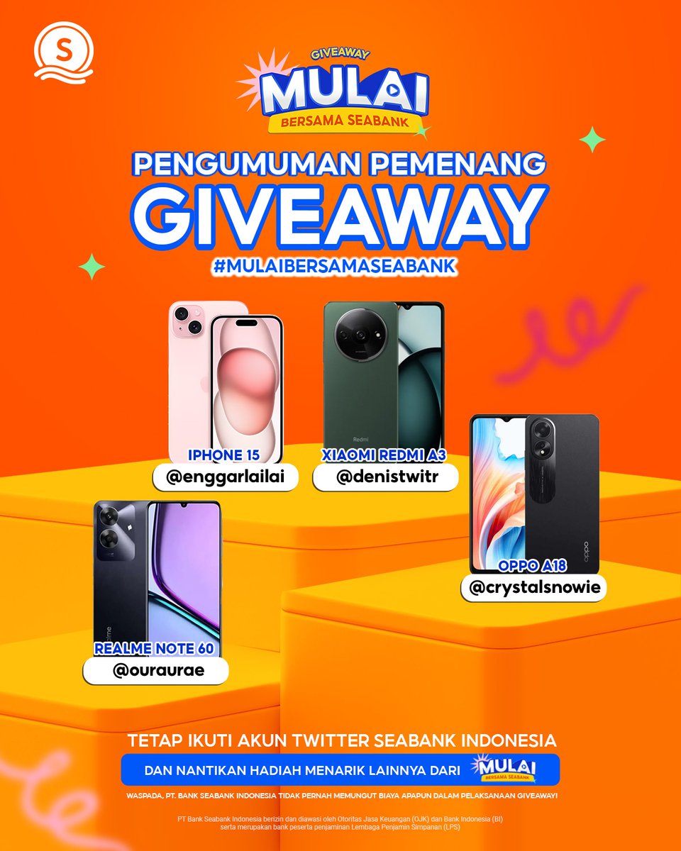 SeaBankID's tweet photo. PENGUMUMAN PEMENANG GIVEAWAY #MULAIBERSAMASEABANK 🥳🎁

Selamat kepada para pemenang di Twitter @SeaBankID! Ayo, CEK THREAD di bawah ini untuk melihat yang beruntung kali ini!

Jangan khawatir, masih banyak hadiah dan kesempatan seru lainnya dari #MULAIBERSAMASEABANK 🇮🇩 https://t.co/atsNViQ3lD