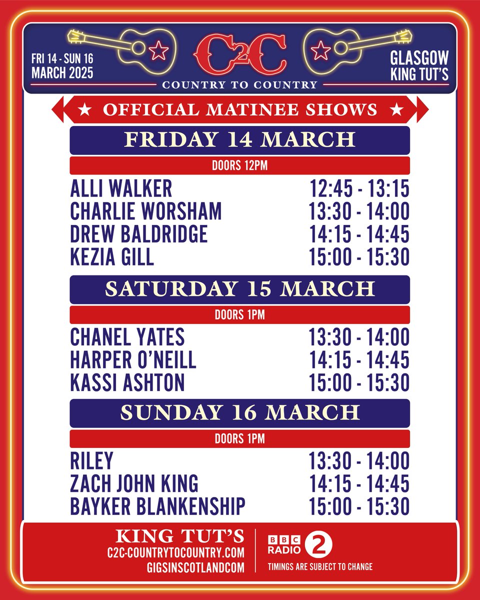 Country to Country is returning to the iconic <a href="/kingtuts/">King Tut's Wah Wah Hut</a> between 14th and 16th March!

Join <a href="/Keziagillmusic/">Kezia Gill</a>, <a href="/KassiAshton/">KASSI ASHTON</a>, <a href="/baykerbmusic/">Bayker Blankenship</a> plus many more for the C2C Glasgow official matinee shows 🤠

MORE INFO ⇾ gigss.co/c2c-25-matinees