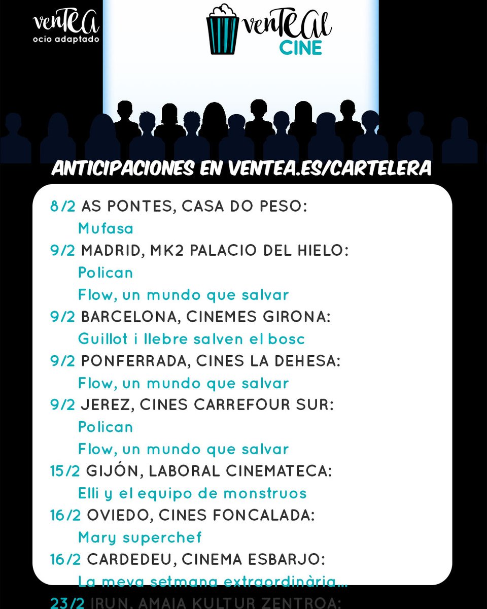 Este fin de semana #ventealcine en As Pontes, Madrid, Barcelona, Ponferrada y Jerez. Info y anticipaciones en ventea.es/cartelera #TEA #CEA #ocioadaptado