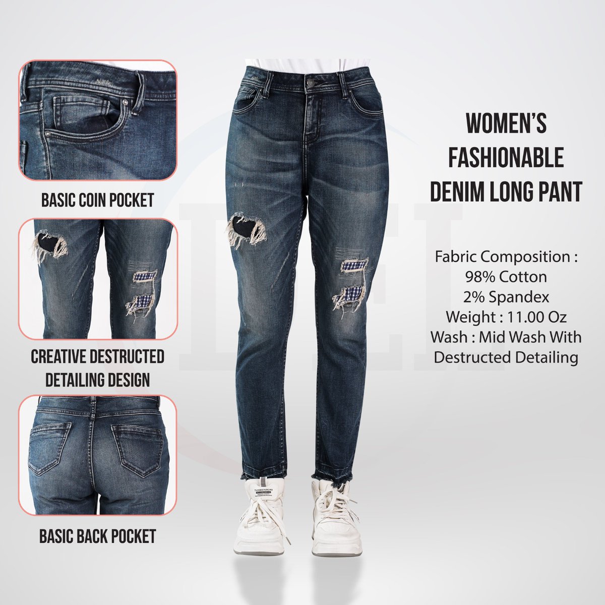 Women's fashionable Denim long pant.
Introducing women's fashionable Denim long pant. 98% cotton 2% Elastane. 11.00 Oz Ring slub Color denim. Mid random wash with destructed detailing.
#denim #denimexpert #innovation