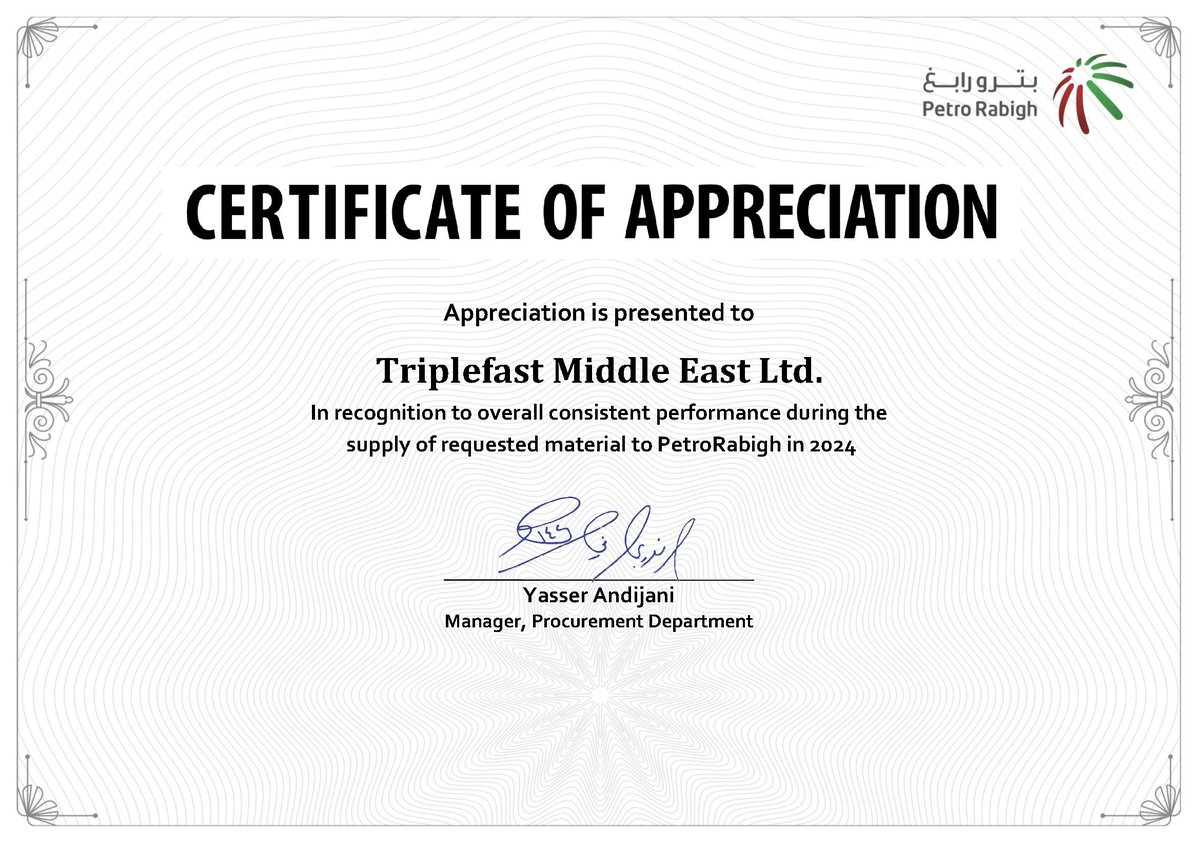 TripleFast_ME's tweet photo. We're proud to receive this Certificate of Appreciation from @PetroRabighCo for our strong performance and dedication. 

A huge thank you to our team for their relentless dedication and to Petro Rabigh for this valued recognition.

#OurWorldStrengthensYours

#TripleFast https://t.co/3zKkg3JLtc