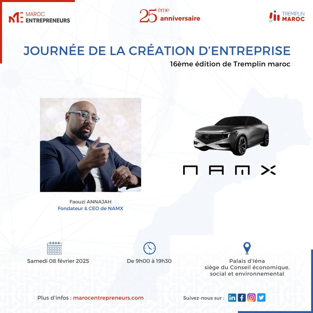 Des Entrepreneurs inspirants à l'honneur ! ✨

🌟 M <a href="/AnnajahFaouzi/">Faouzi Annajah</a> , Entrepreneur et fondateur de NamX Group ainsi que l'invention de la capsule hydrogène sera parmi nous à la journée de création d'entreprise.

👉 Inscrivez-vous ici : lnkd.in/ekbfHSvm