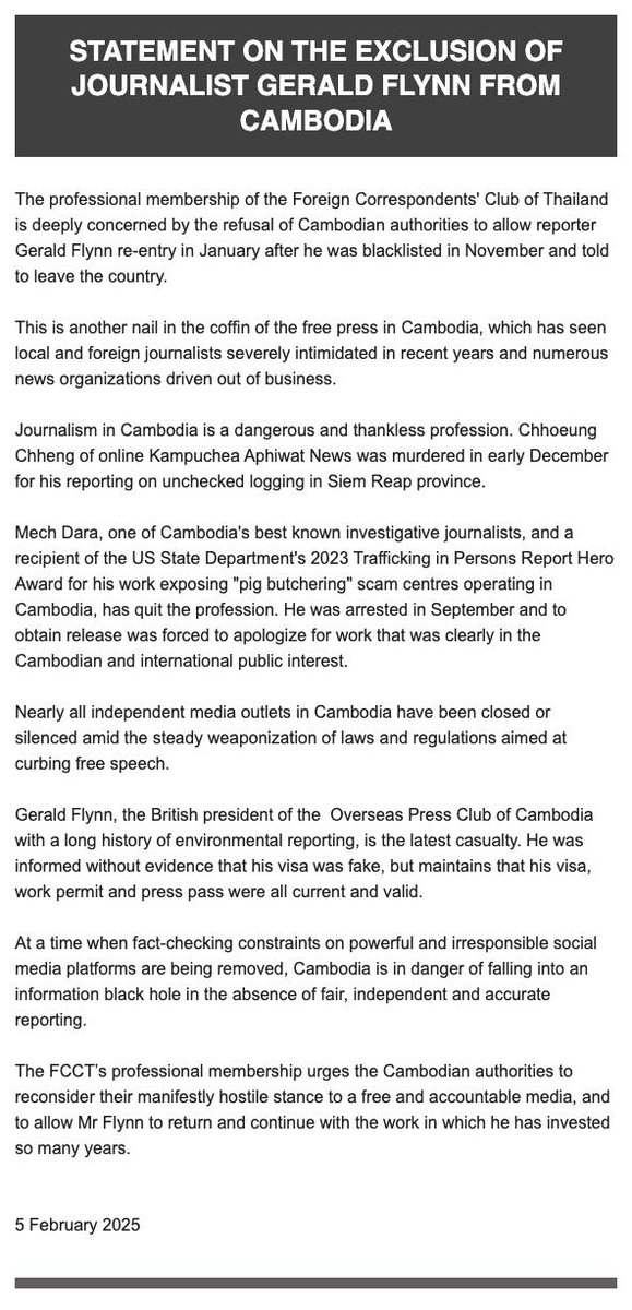 FCCThai's tweet photo. Our statement on the exclusion of journalist Gerald Flynn from #Cambodia https://t.co/ShvldQDla9