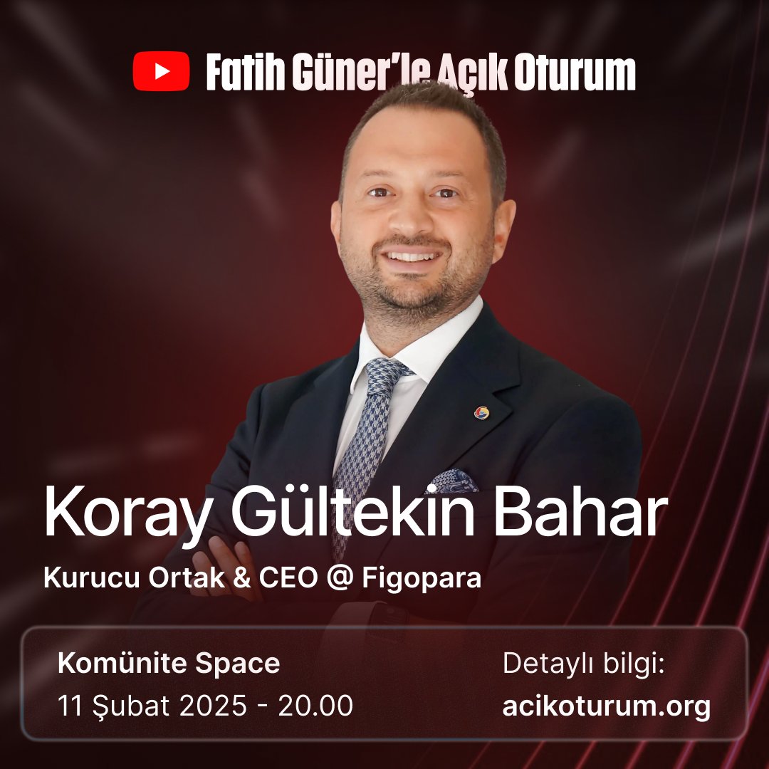 Fatih Güner'le Açık Oturum (@acikoturum) on Twitter photo Açık Oturum'un on birinci bölümünde, Figopara'nın kurucusu Koray Gültekin Bahar'ı (<a href="/KorayBahar/">Koray Bahar</a>) ağırlıyoruz.
Sohbetimizde, Türkiye'nin fintech ekosistemi ve geleceğini, Figopara'nın hikayesini, girişimcilik ve yatırımcılık deneyimleri üzerine konuşacağız.
👇👇👇 Açık Oturum'un on birinci bölümünde, Figopara'nın kurucusu Koray Gültekin Bahar'ı (<a href="/KorayBahar/">Koray Bahar</a>) ağırlıyoruz.
Sohbetimizde, Türkiye'nin fintech ekosistemi ve geleceğini, Figopara'nın hikayesini, girişimcilik ve yatırımcılık deneyimleri üzerine konuşacağız.
👇👇👇