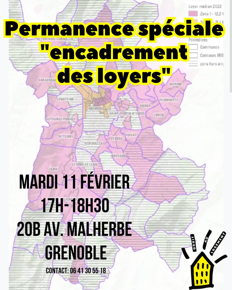 DAL_Isere's tweet photo. Permanence spéciale ENCADREMENT DES LOYERS
Rendez vous à la permanence spéciale mardi 11 février dès 17h au local du DAL, 20b avenue Malherbe à Grenoble ! https://t.co/H3s5r9CLa4