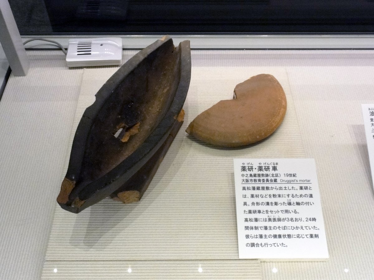 アンティーク　薬研と薬研車のセット 鉄製 特別企画展 発掘！#大名たちの蔵屋敷】 高松藩蔵屋敷から出土した薬研