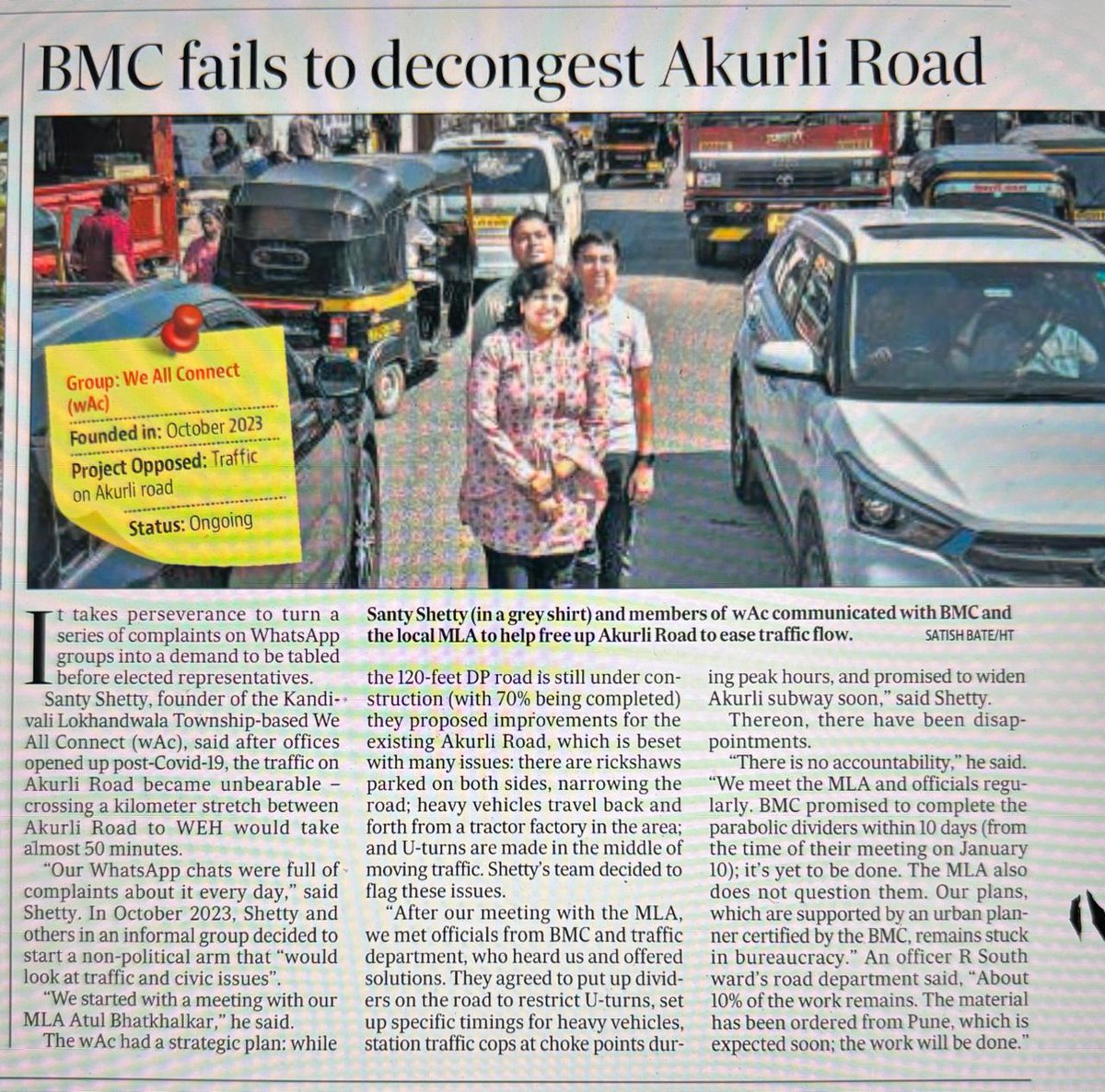 WeAllConnectwAc's tweet photo. Thank you @sabahvir @writemeenal @htTweets for the coverage.

Hope @mybmc @mybmcWardRS @mybmcRoads @MTPHereToHelp @MumbaiPolice the traffic and Civic issues are fixed soon.

@BhatkhalkarA @PiyushGoyal @PiyushGoyalOffc Sir, hope we have support to get these issues fixed soon. #wAc https://t.co/uEBvVNZHzs