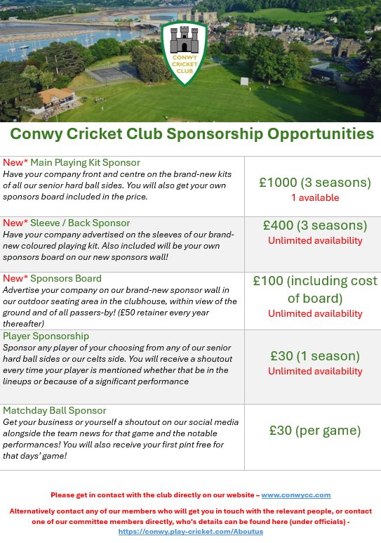 As we get ever closer to the 2025 cricket season we have some exiting sponsorship opportunities , if anyone would like to sponsor kit, team or an individual player please get in touch 🏏🏏🏏