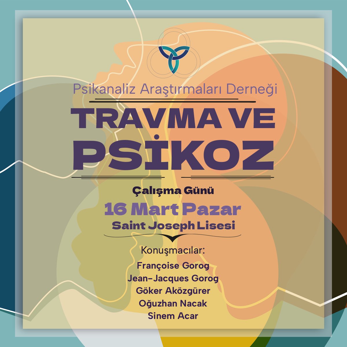 16 Mart Pazar günü derneğimizin “Travma ve Psikoz” temalı çalışma gününü gerçekleştireceğiz.

Fransa’dan iki değerli psikanalisti, Françoise Gorog ve Jean-Jacques Gorog’u konuk edeceğimiz çalışma gününün program ve katılım detaylarını çok yakında paylaşacağız.

Görüşmek dileğiyle