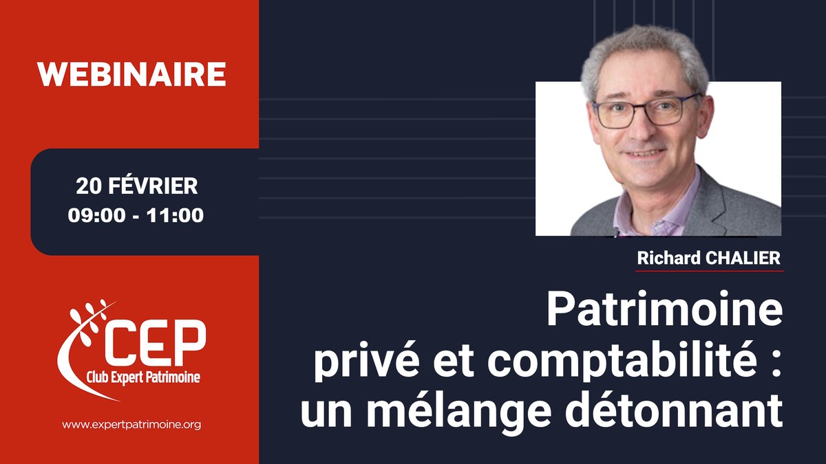 🚀Ouverture des inscriptions de notre prochain #webinaire
[ Patrimoine privé et comptabilité : un mélange détonnant ] Animé par <a href="/RChalier/">Richard Chalier</a> 
📅 RDV le 20 février de 9h à 11H ➡️Programme et inscriptions bit.ly/42DxWcD